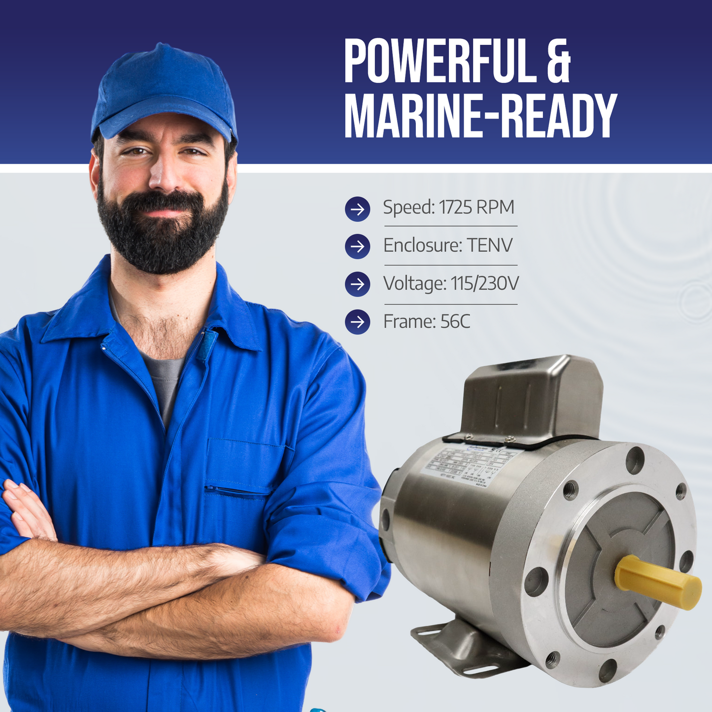 Aqua Marine Supply Boat Lift Motor 56 Frame –Direct Drive or Gearplate Mount: Stainless Steel-TENV: 1725 RPM